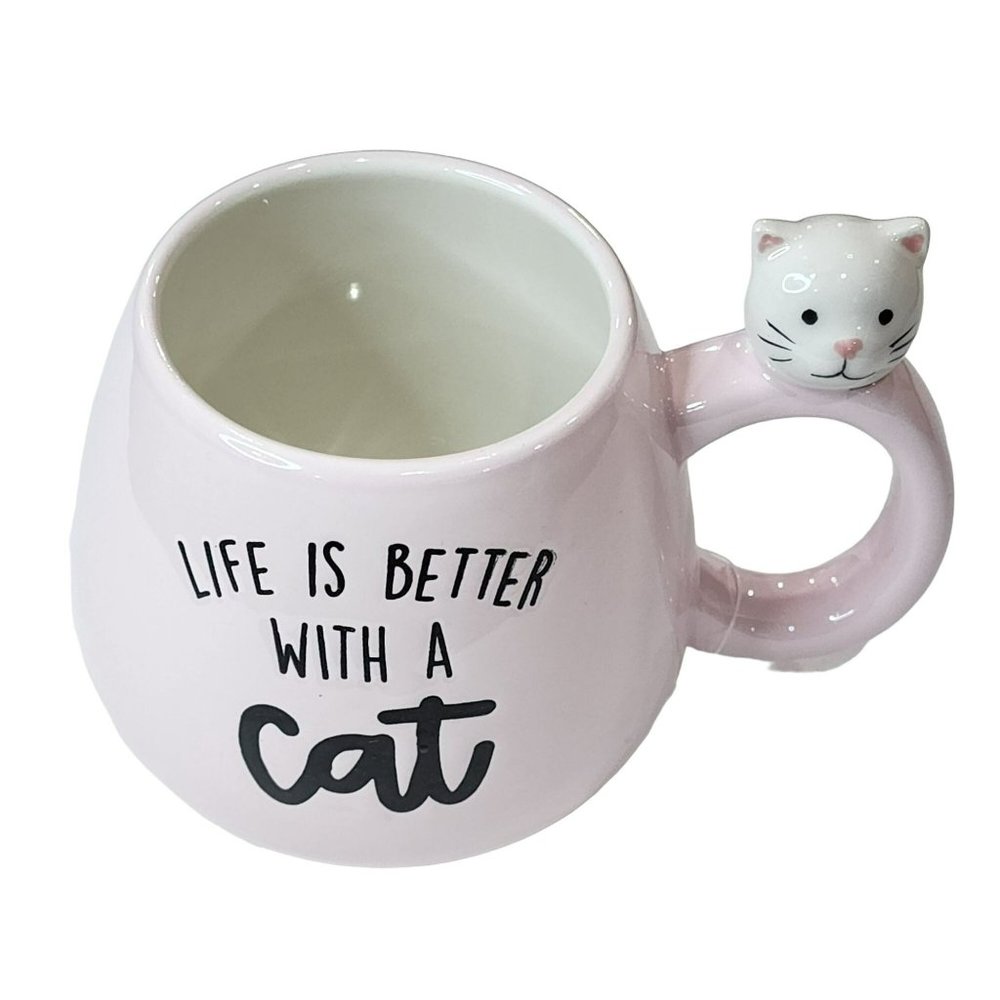 Kitten Figurine Pink Ceramic Coffee Mug 14 Oz - Life Is‎ Better With a Cat